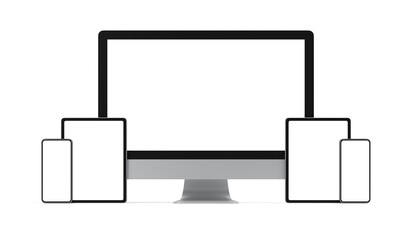 Wall Mural - Computer, smart phone and tablet with blank screen isolated on white background, 3d illustration, clipping path.