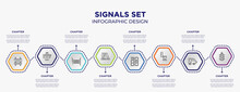 Signals Set Concept Infographic Template With 8 Step Or Option. Included Rectangle And Arrow, Bridge On Avenue Perspective, Three Books, Semaphore Lights, Toilet Side View, Semaphore Light Icons For