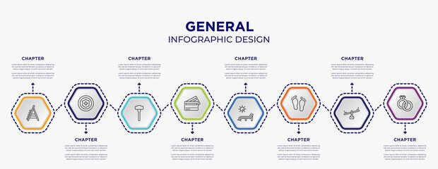 Wall Mural - general concept infographic template with 8 step or option. included stepladder, insurance with a button, credit cards, deck chair under the sun, steps, interlocking rings icons for abstract