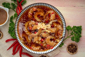 Wall Mural - 
Korean Soy Sauce Pickled Shrimp, Fresh Shrimp marinated in a mild soy sauce, Ganjang Gejang Korean traditional food.