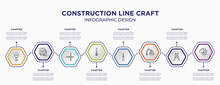 Construction Line Craft Concept Infographic Template With 8 Step Or Option. Included Stopping, Electric Gauge, Toilet Brush, Null, Trucking, Color Pack Icons For Abstract Background.