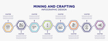 Mining And Crafting Concept Infographic Template With 8 Step Or Option. Included Water Filter, Sculptor, Voltage Indicator, Wood Plane, Hex Key, Bellows Icons For Abstract Background.