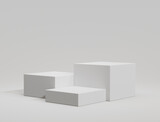 Fototapeta Desenie - Three white cube podium for product display. scene with geometrical forms. empty showcase, 3d rendering.