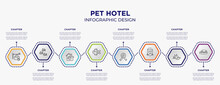 Pet Hotel Concept Infographic Template With 8 Step Or Option. Included Pet Hotel, Birds Group, Fish, Null, Frankenstein, Dog Resting Icons For Abstract Background.