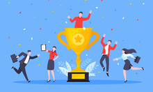 Happy Business Employee Team Winners Award Ceremony Flat Style Design Vector Illustration. Employee Recognition And Best Worker Competition Award Team Celebrating Victory Winner Business Concept.