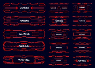 Leinwandbilder - HUD interface warning and caution, attention alert and danger zone, vector red signs. HUD frames of cyber game UI with alert boxes for warning and danger cation alert of attack or system damage error
