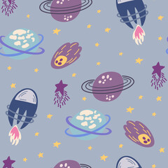  Space seamless pattern. Cosmic. Background with cartoon planets and stars. Perfect for children's designs, wallpaper, textile and print. Vector Hand draw illustration