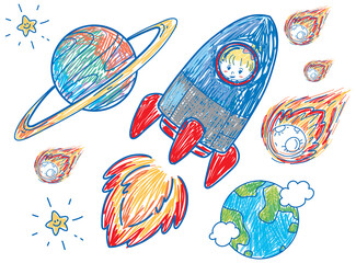 Wall Mural - Coloured hand drawn spaceship collection