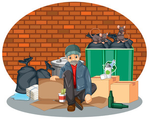 Wall Mural - Homeless man sitting near garbage