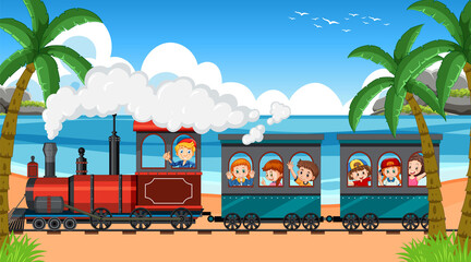 Wall Mural - train riding with many children