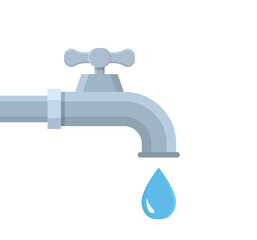 Water tap. Water faucet with drop. Flat tap with pipe and drip. Turn spigot of flow. Icon for house, economize and bathroom. Watertap isolated on white background. Vector