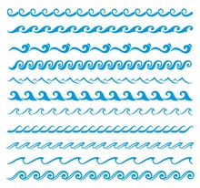 Sea And Ocean Surf Wave Line, Blue Water Borders. Vector Dividers With Wavy Pattern Of Summer Beach Waves, Tide Swirls And Curves, River Ripples And Squiggly Lines, Embellishment
