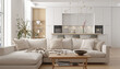 © Julia Vadi - Modern interior of white kitchen with living room. 3d render