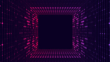 Technology Wireframe Square Tunnel On Dark Background. Futuristic 3D Wormhole Grid. Digital Dynamic Wave. Vector Illustration.