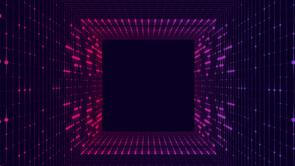 Wall Mural - Technology wireframe square tunnel on dark background. Futuristic 3D wormhole grid. Digital dynamic wave. Vector illustration.