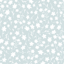 Ditsy Flower Hand Drawn White On Blue Vector Seamless Pattern. Liberty Inspired Petite Floral Ditsy Print. Retro 60s 70s Bloomy Calico Background For Fashion Fabric Or Home Textile.