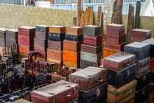 Pile Of Old Vintage Big Wooden Boxes Stacked In A Furniture Store