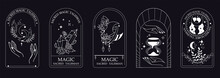 Boho Frames Set In Trendy Minimal Liner Style. Magic Hands, Moon, Crystals, Clocks, Flowers. Collection Of Space And Mysterious Illustrations For Stories Templates. Minimalistic Objects. Vector