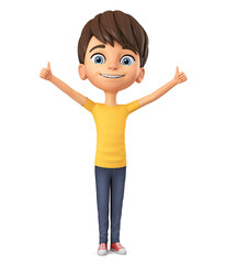 Wall Mural - Cheerful boy character in yellow t-shirt shows two thumbs up on white background. 3d render illustration.