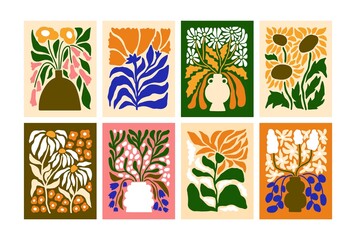 Fototapete - Abstract flower posters set. Trendy botanical wall arts with wild floral plants, leaf in hippie style. Modern naive groovy funky interior decorations, paintings. Colorful flat vector illustrations