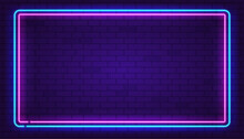 Rectangle Neon Frame Pink And Blue Colors At Purple Brick Wall Background. Glowing Neon Frame In Retro 80s - 90s Style. Colored Neon Sign With Empty Space. Editable Vector