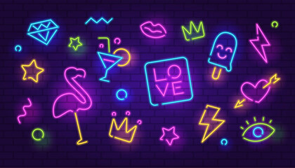 Wall Mural - Fashion neon sign set on purple wall background. Neon night sign, a glowing light banner, logo, emblem for club or bar. Editable neon icons set of Pink Flamingo Lips Cocktail, heart, Flash, Crown etc