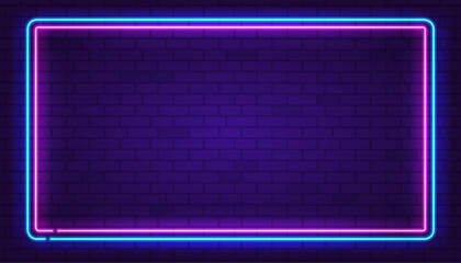 rectangle neon frame pink and blue colors at purple brick wall background. glowing neon frame in ret