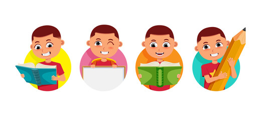 Sticker - Boy student vector character set. 3d male students holding book, whiteboard and pencil in jolly and happy facial expression for back to school friendly characters design. Vector illustration.
