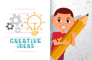 Wall Mural - Creative school character vector design. Creative ideas text with male student holding pencil in doodle drawing background for learning and study educational friendly character. Vector illustration.
