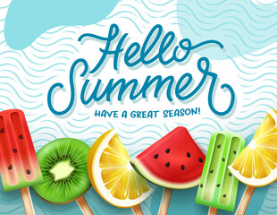 Wall Mural - Hello summer vector background design. Hello summer greeting text with fruits and popsicles element in waves pattern and abstract for great tropical holiday season. Vector illustration.
