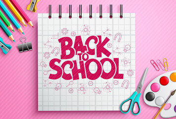 Back to school vector concept design. Back to school typography text in notepad paper decoration with art supplies element of color pencil and painting for educational learning. Vector illustration.
