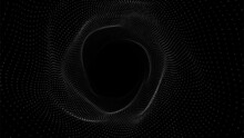 Abstract Dynamic Wireframe Tunnel On Black Background. Deep Wavy Wormhole. Futuristic Particle Flow. Vector Illustration.