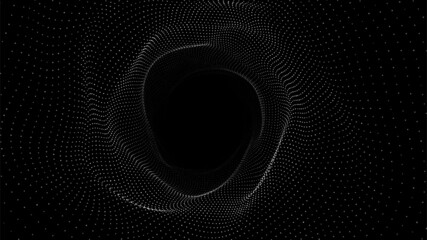 Wall Mural - Abstract dynamic wireframe tunnel on black background. Deep wavy wormhole. Futuristic particle flow. Vector illustration.