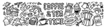 Cute Doodle Cartoon Coffee Shop Icons. Vector Outline Hand Drawn For Coffee And Bakery For Cafe Menu, Including Supply Item And Equipment Isolated On White Background. Drawing Style