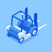 Forklift Industrial Loading Transportation Logistic Vehicle With Cab Wheels Isometric Vector Illustration. Stock Warehouse Industry Commercial Machinery Vehicle With Fork Extensions Cargo Lift Loader