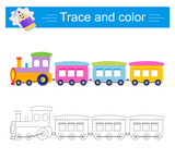 Fototapeta  - Trace and color for children. The train, vector. Preschool worksheet for practicing fine motor skills. Flat design