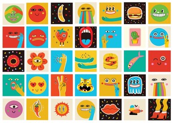 Poster - Big Set of Different colored Vector illustartions for posters in Cartoon Flat design. Hand drawn Abstract shapes, faces, different texture, greek elements, funny Comic characters.