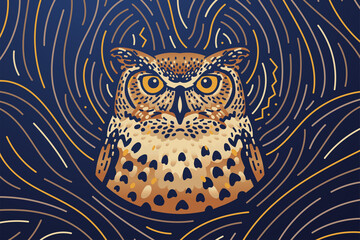 Wall Mural - Owl zodiac sign banner. Dark mode background texture with illustration of a owl. Vector illustration and decorative elements.