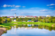Belarus Travel Destinations. Cityscape of Mogilev City At Daytime Across the Dubrovenka and Dnieper River With City Hall in Background