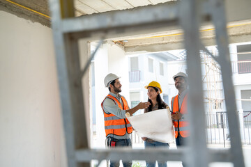 Poster - Engineer working on construction building site,Architects discussing project of building outdoors.