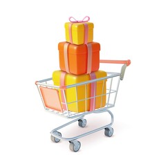 Poster - 3d Metal Shopping Cart with Heap Present Boxes Plasticine Cartoon Style Isolated on a White Background. Vector illustration of Trolley Market