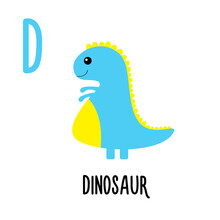 Letter D Dinosaur. Animal And Food Alphabet For Kids. Cute Cartoon Kawaii English Abc. Funny Zoo Fruit Vegetable Learning. Education Cards. Isolated. Flat Design. White Background.
