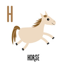 Letter H Horse. Animal And Food Alphabet For Kids. Cute Cartoon Kawaii English Abc. Funny Zoo Fruit Vegetable Learning. Education Cards. Isolated. Flat Design. White Background.