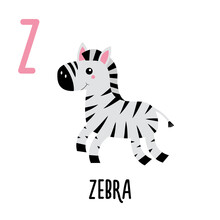 Letter Z Zebra. Animal And Food Alphabet For Kids. Cute Cartoon Kawaii English Abc. Funny Zoo Fruit Vegetable Learning. Education Cards. Isolated. Flat Design. White Background.
