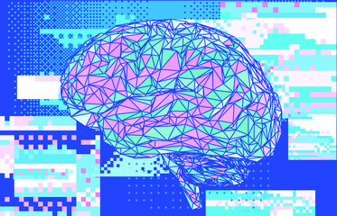 Wall Mural - 3D illustration of a low-poly brain on a glitched and pixelated background. Concept of the artificial intelligence.