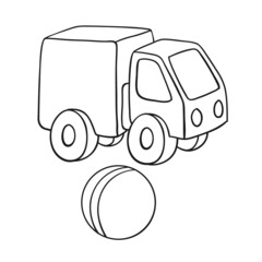 Poster - Kids toys. Toy truck and a  ball. Black and white contour picture.  In cartoon style. Isolated on white background. For coloring book. Vector illustration.