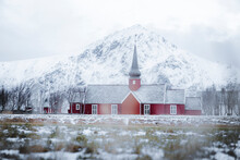 Red Church Of Flakstad In Winter Fog, Flakstad, Nordland County, Lofoten Islands