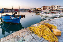 Fishing Boats Moored In The Old Venetian Port, Rethymno, Crete Island, Greek Islands