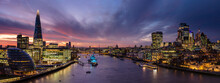 Panoramic View Of River Thames, The Shard, City Of London And London Bridge At Sunset, London