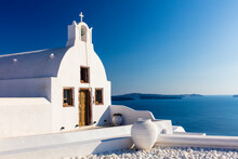 White Church Overlooking Sea, Oia, Santorini, Cyclades, Greek Islands